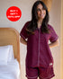Women Summer Pajama Set Dark Red Buttoned Shirt + Shorts